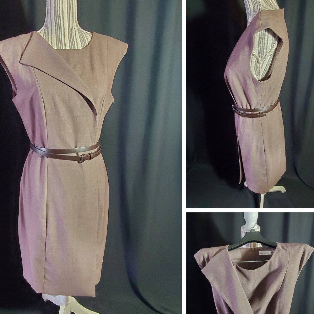 Calvin Klein Belted Dress Woven, Sleeveless, 6, Brown (Taupe)